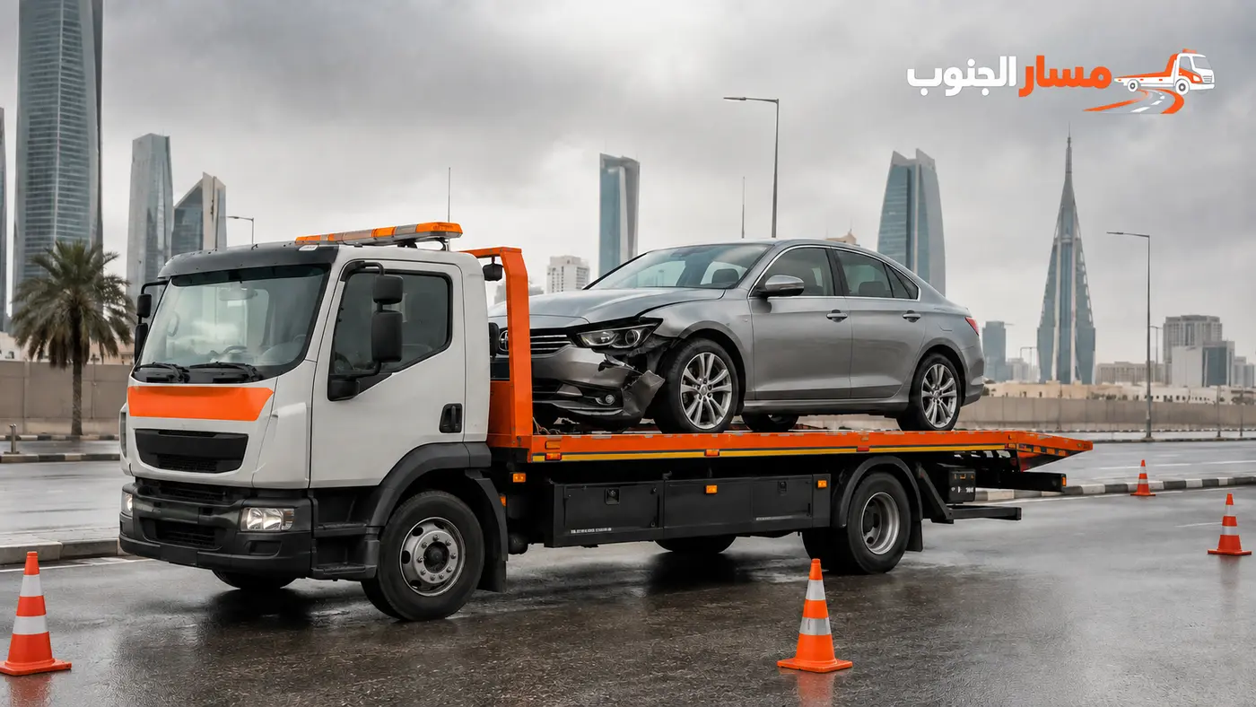 نقل سيارة مصدومة بعناية على سطحة مسار الجنوب